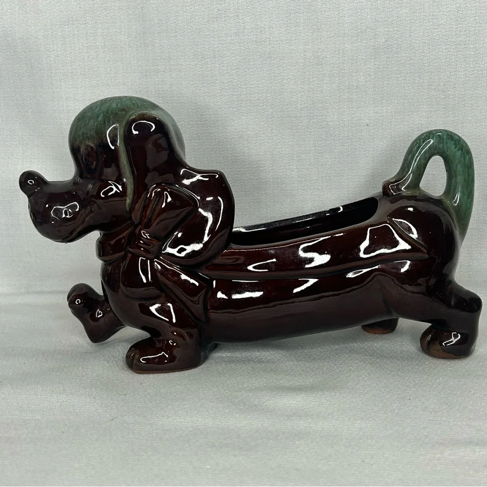 Vintage RedWare Terracotta Dachshund Planter Dresser Caddy Weiner Dog Dish 8”x5”
